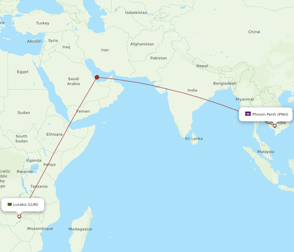 Phnom Penh - Lusaka route map and flight paths