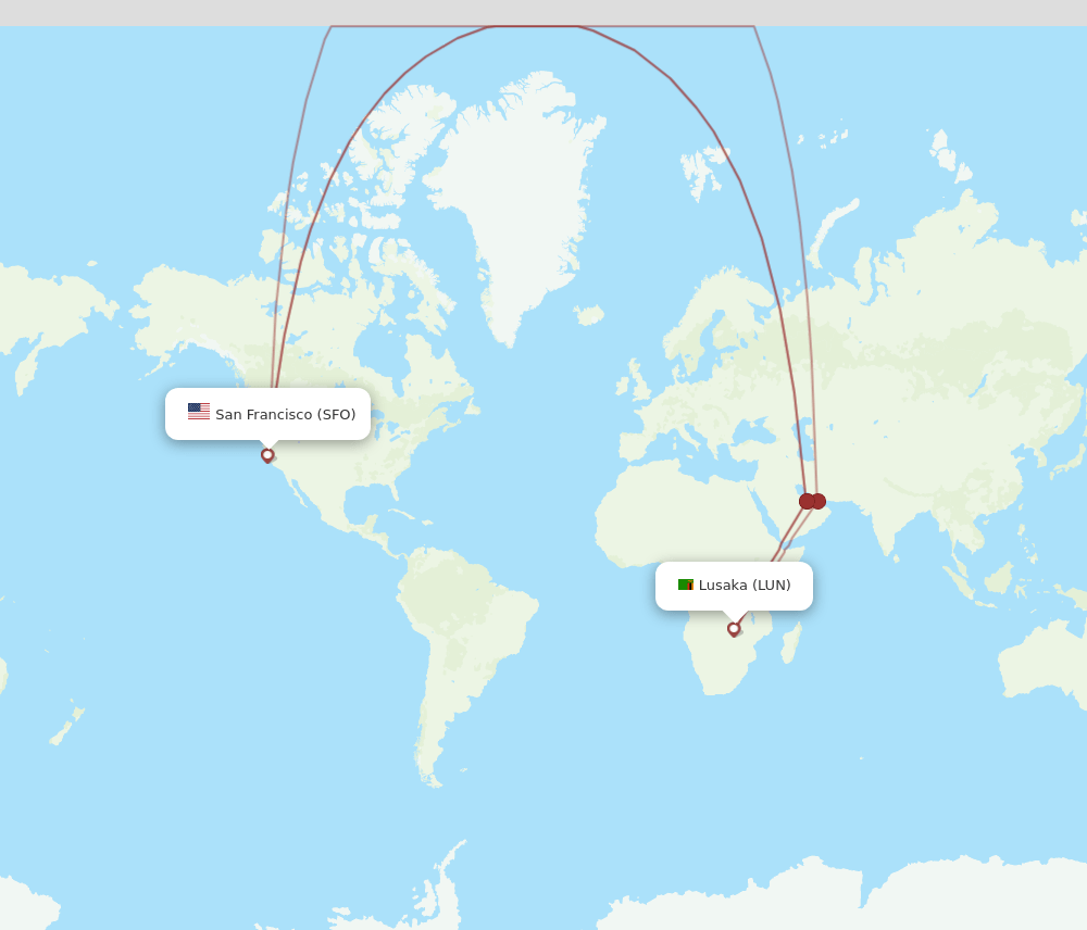 San Francisco - Lusaka route map and flight paths