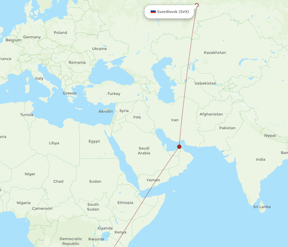 Yekaterinburg - Lusaka route map and flight paths