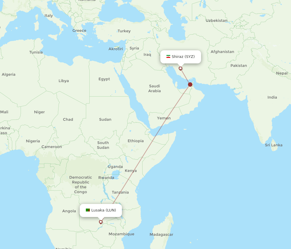 Shiraz - Lusaka route map and flight paths