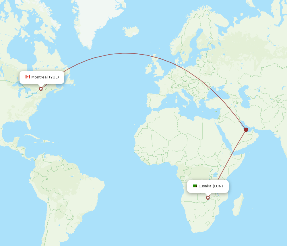 Montreal - Lusaka route map and flight paths