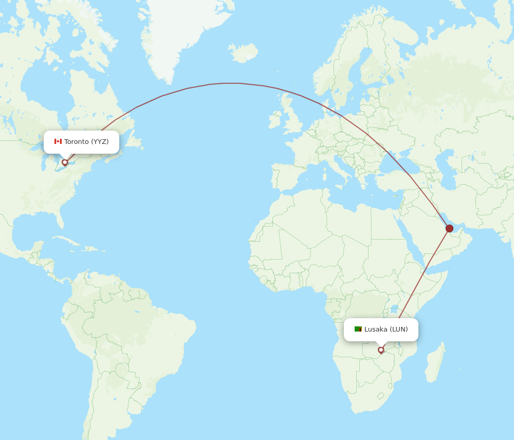 Toronto - Lusaka route map and flight paths