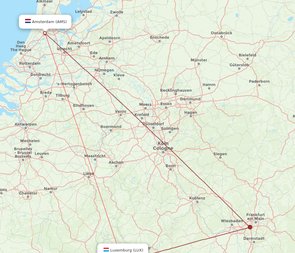 LUX to AMS flights and routes map