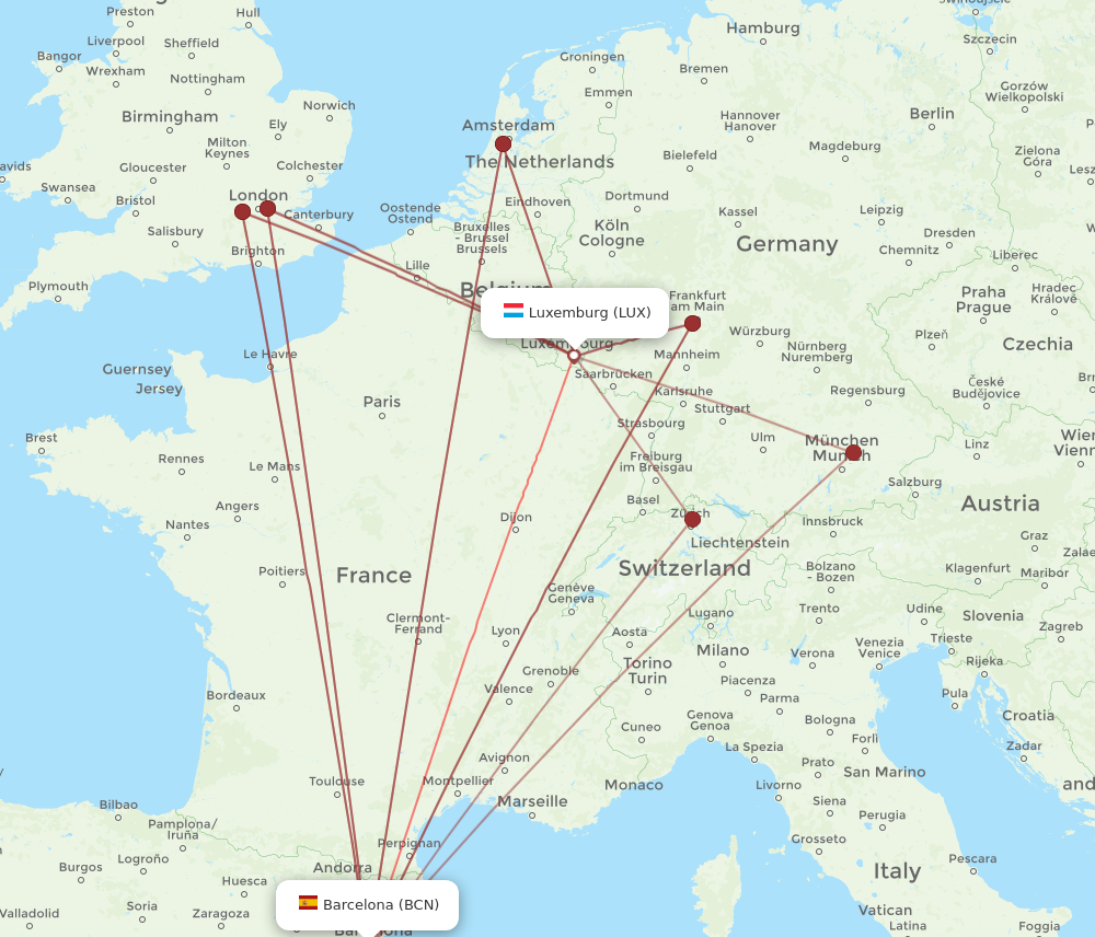 LUX to BCN flights and routes map