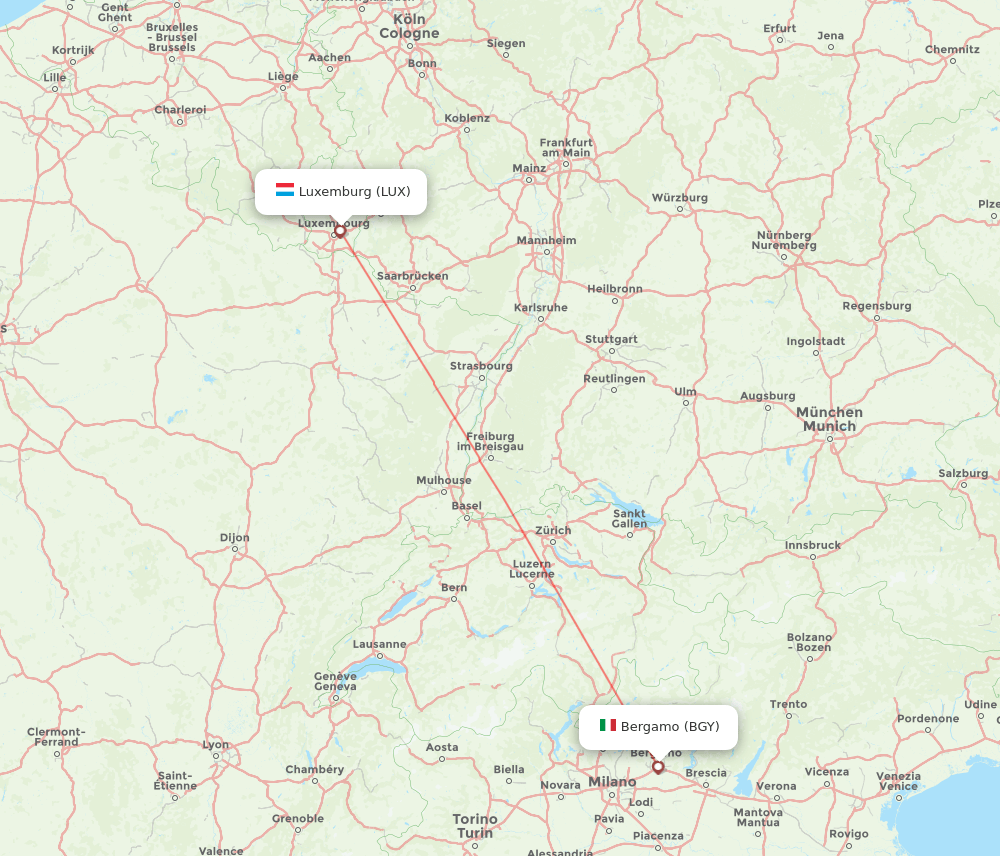 LUX to BGY flights and routes map