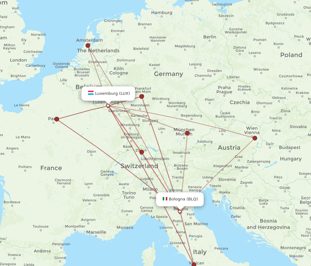 LUX to BLQ flights and routes map