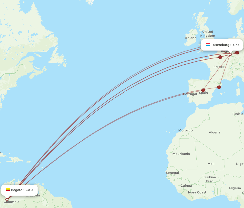 LUX to BOG flights and routes map