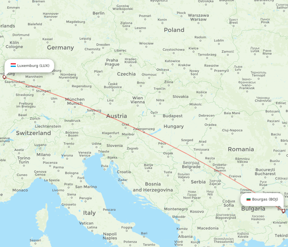 LUX to BOJ flights and routes map