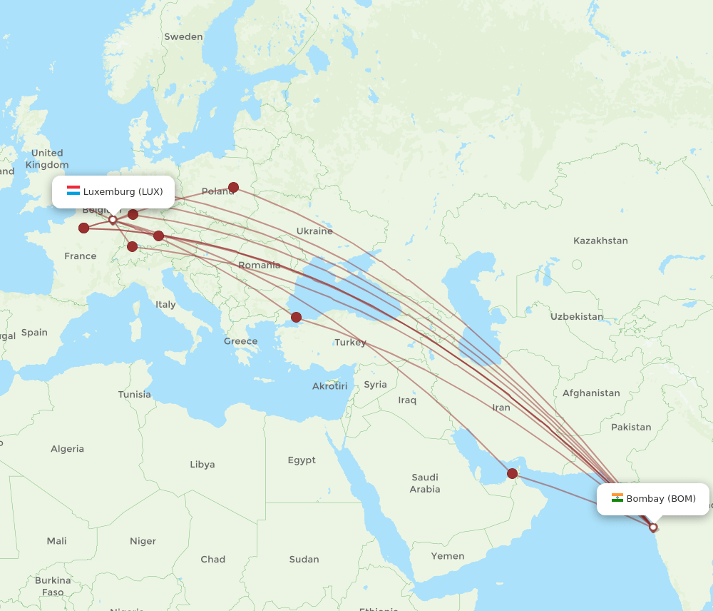 LUX to BOM flights and routes map