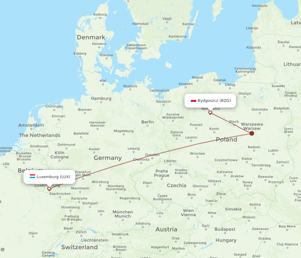 LUX to BZG flights and routes map
