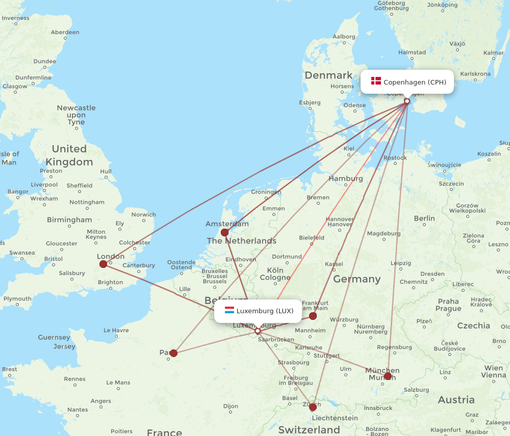 LUX to CPH flights and routes map