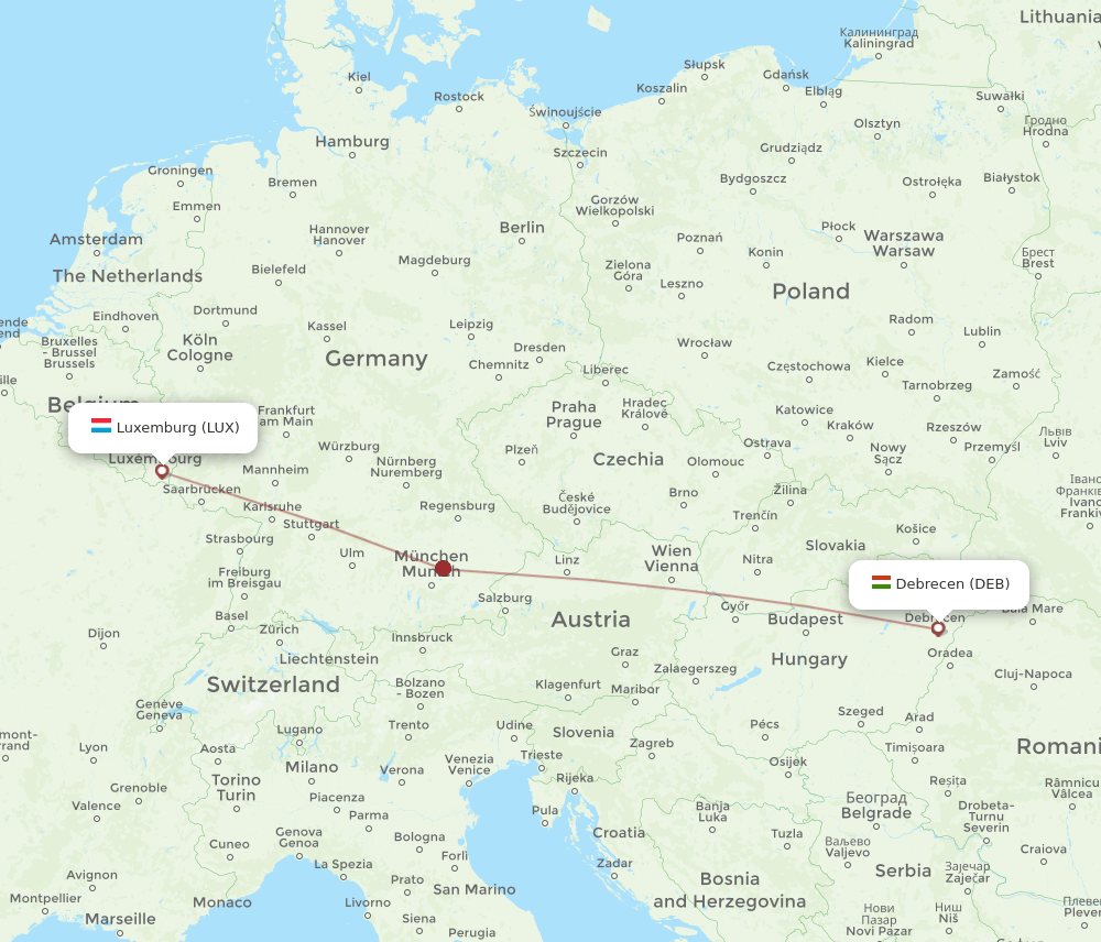 LUX to DEB flights and routes map