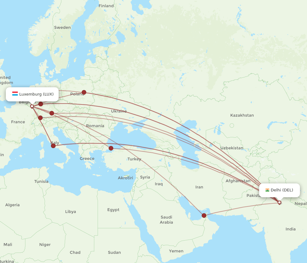 LUX to DEL flights and routes map