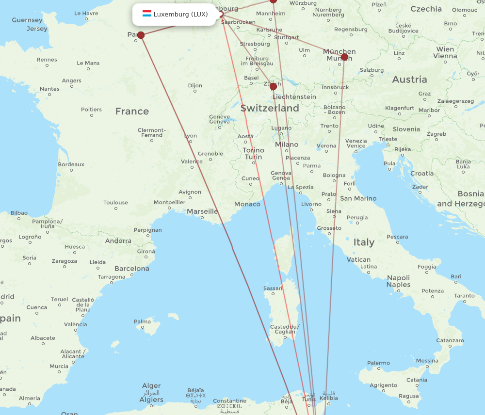 LUX to DJE flights and routes map