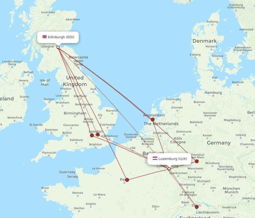 LUX to EDI flights and routes map