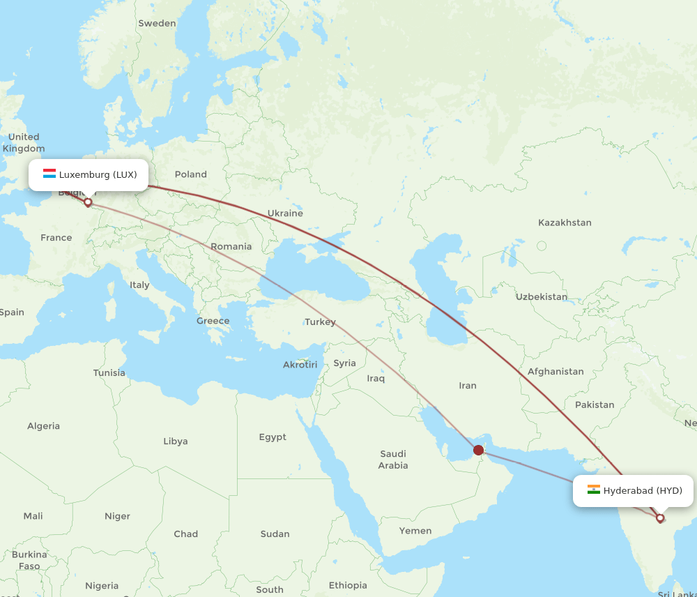 LUX to HYD flights and routes map