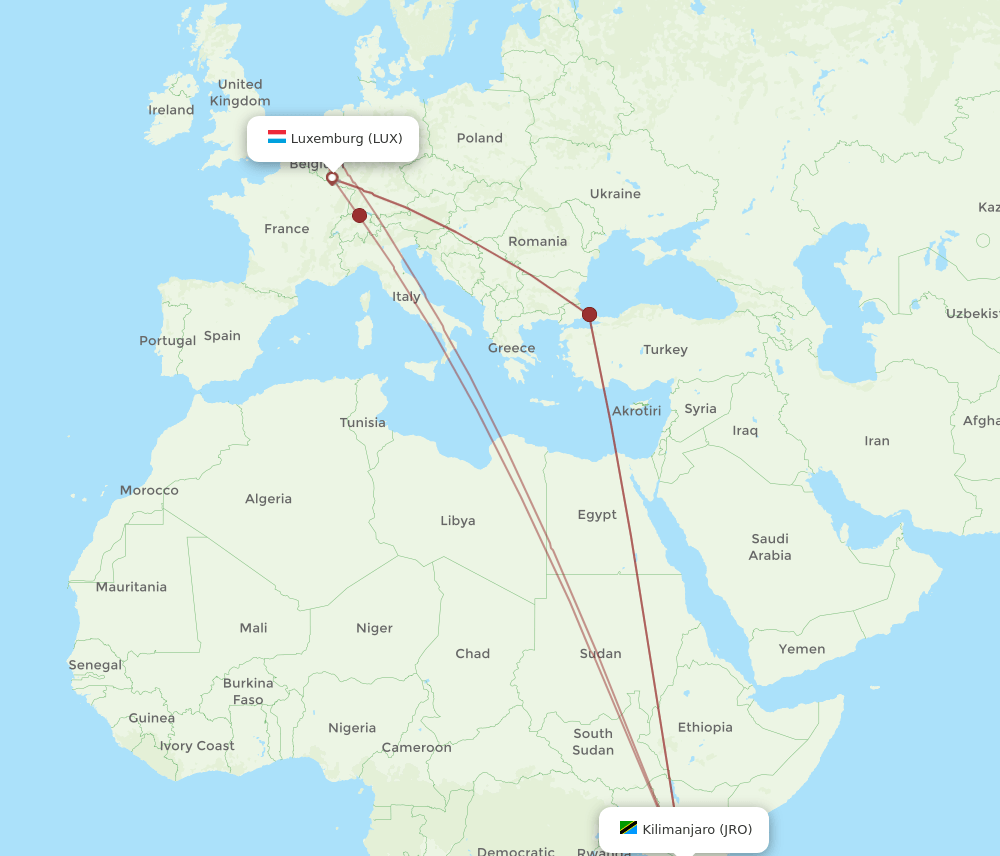 LUX-JRO flight routes