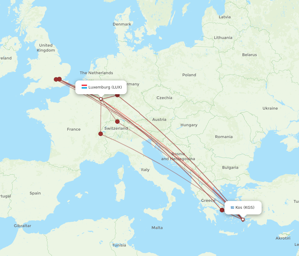 LUX to KGS flights and routes map