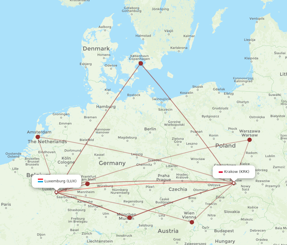 LUX to KRK flights and routes map