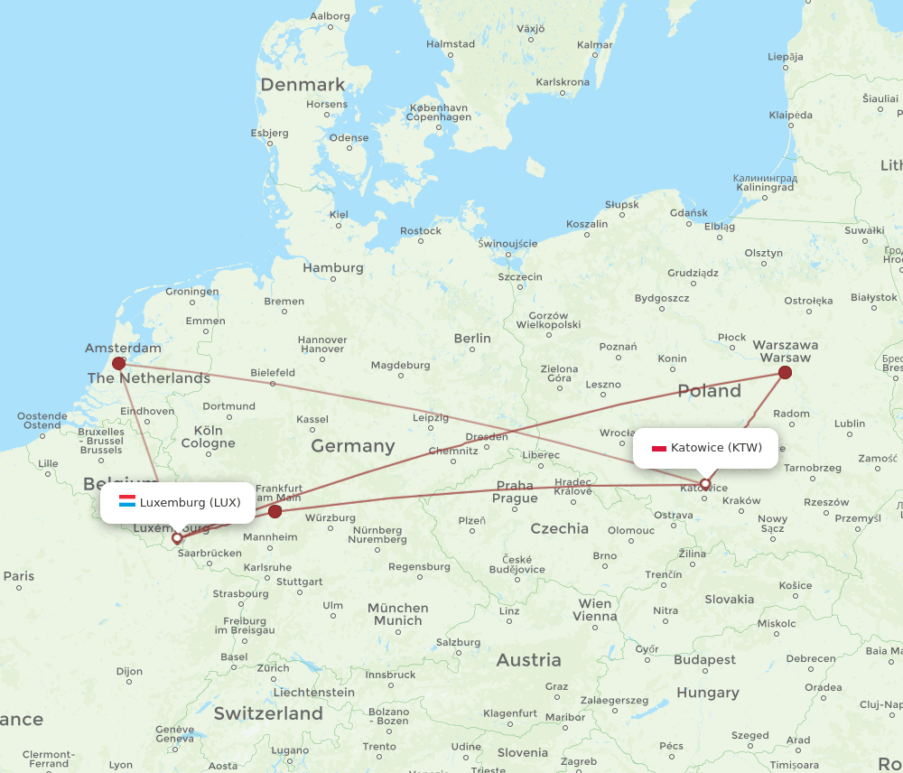 LUX to KTW flights and routes map