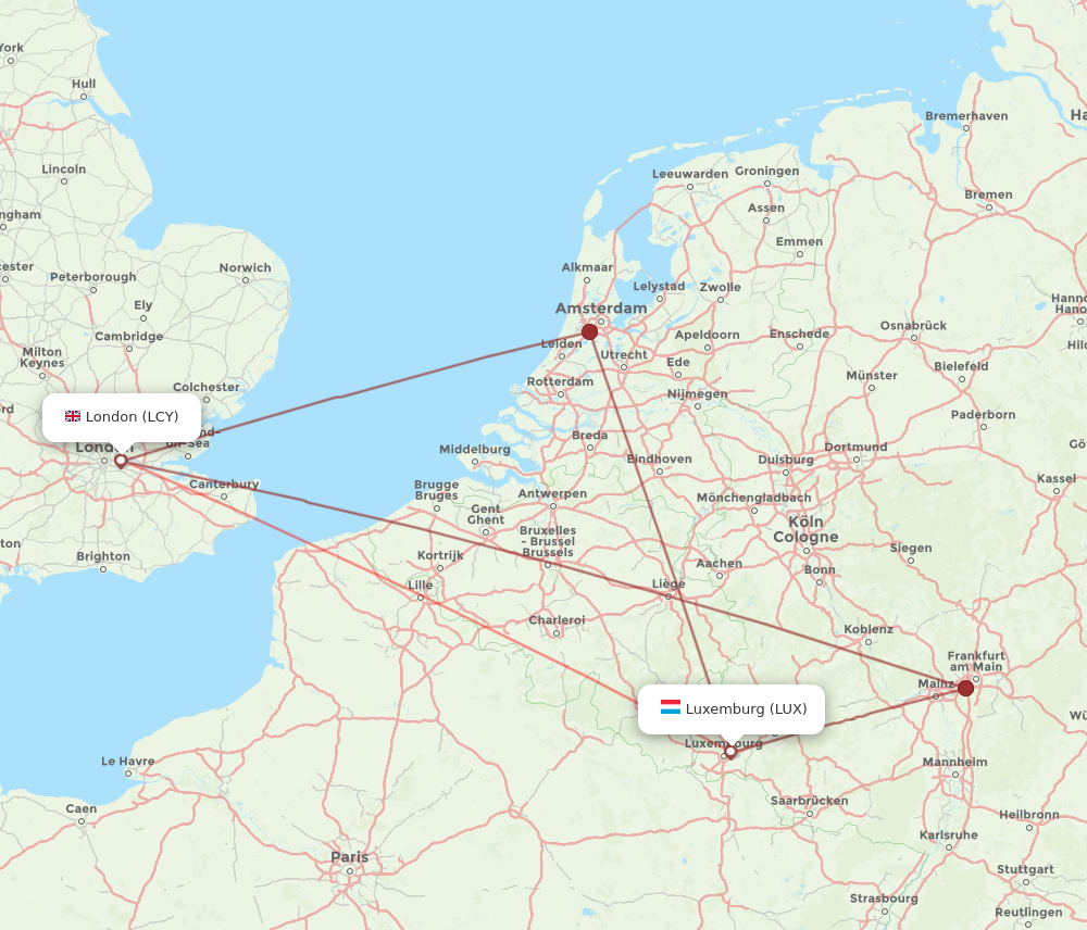 LUX to LCY flights and routes map
