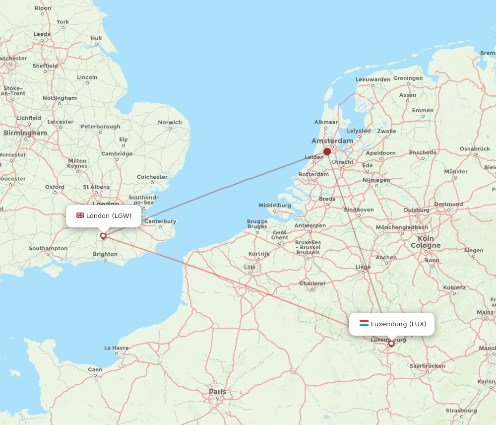 Luxembourg - London route map and flight paths