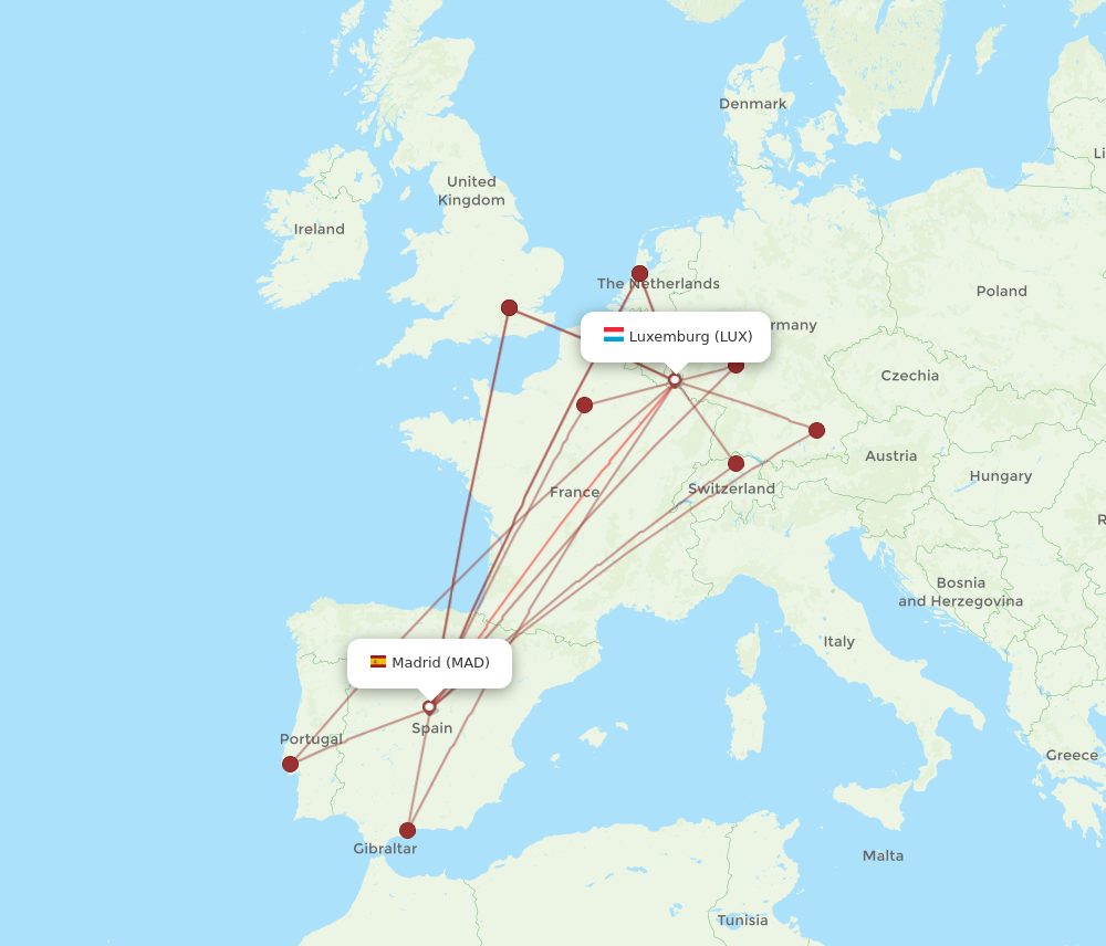LUX to MAD flights and routes map