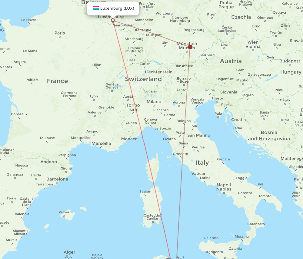 LUX to MIR flights and routes map