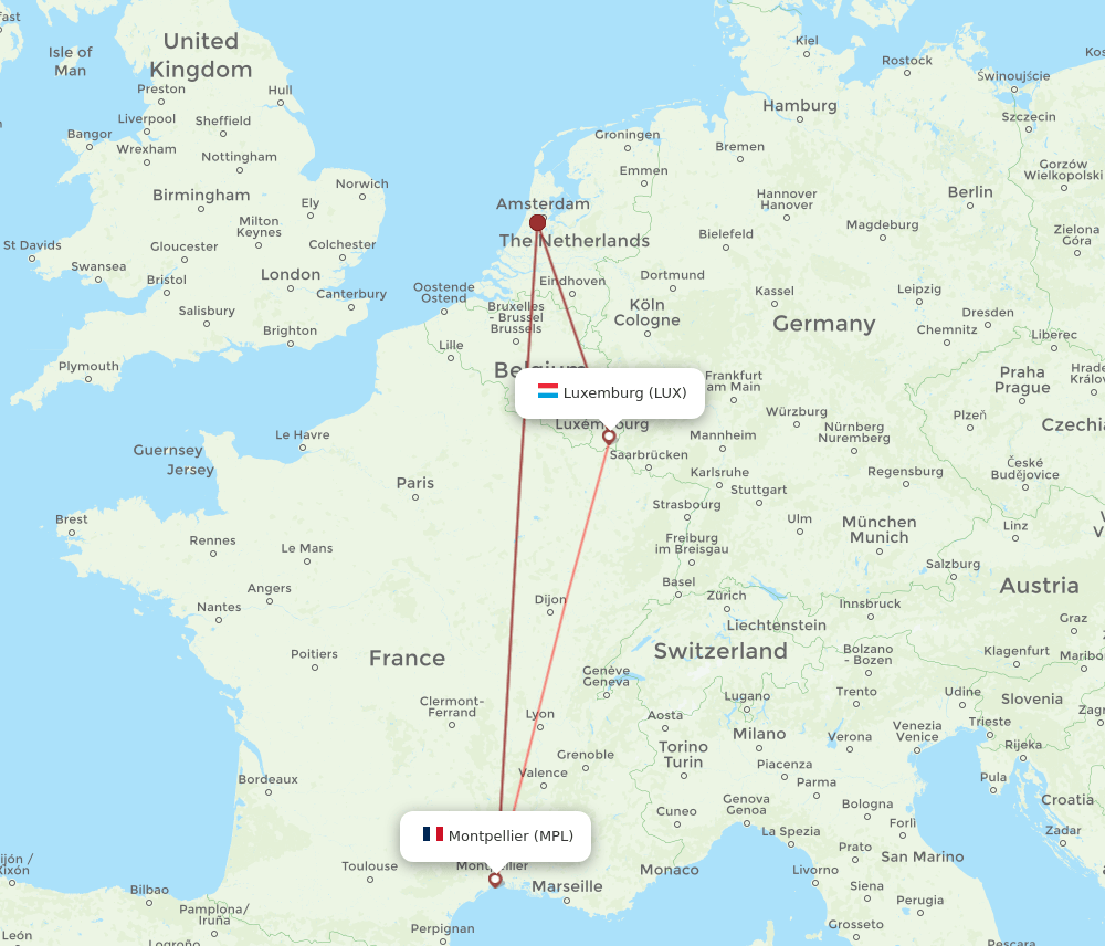 LUX to MPL flights and routes map