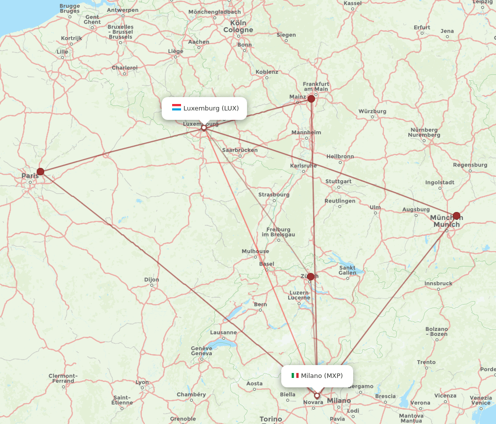 LUX to MXP flights and routes map