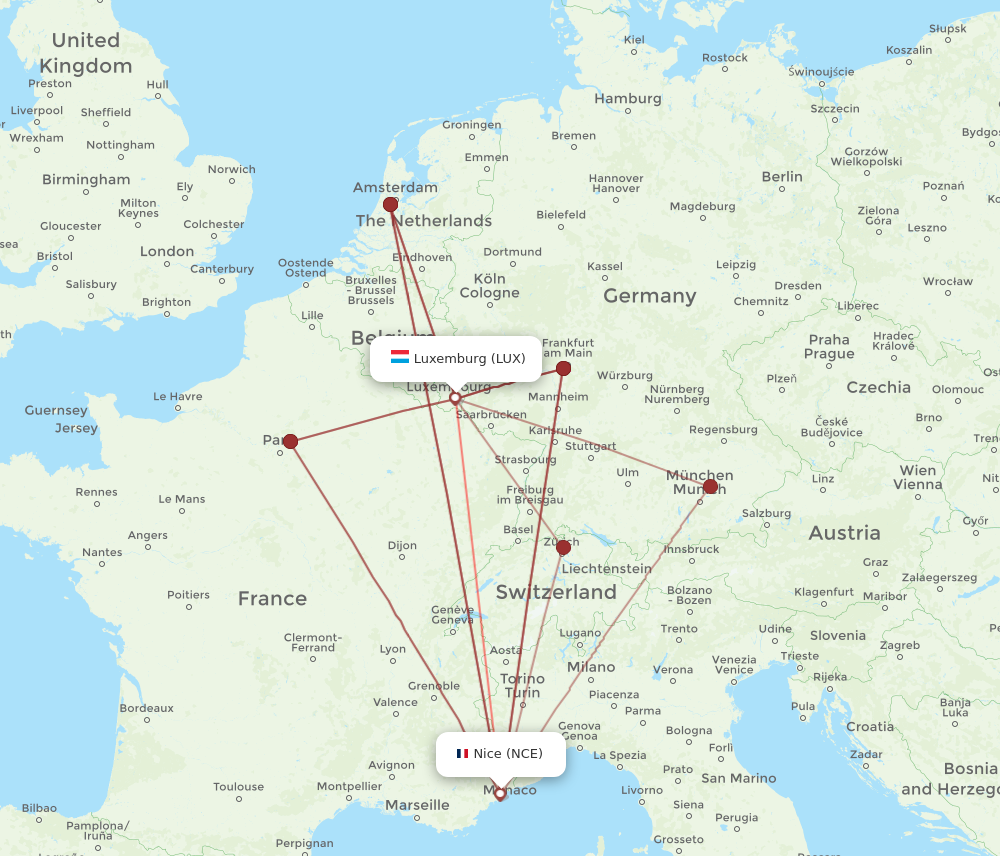 LUX to NCE flights and routes map