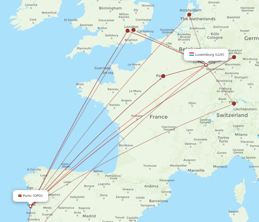 LUX to OPO flights and routes map