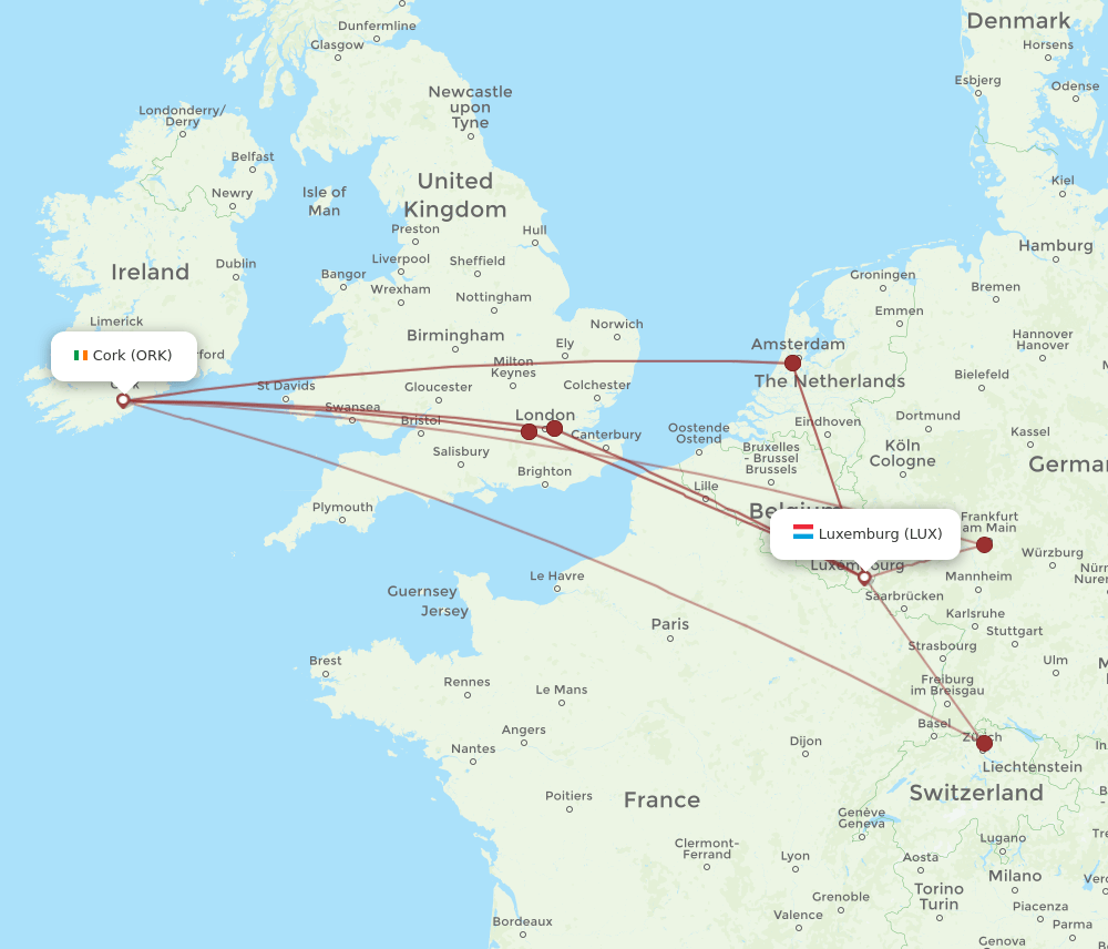 LUX-ORK flight routes