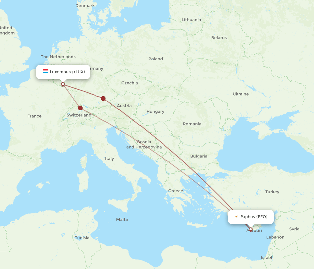 Paphos - Luxembourg route map and flight paths