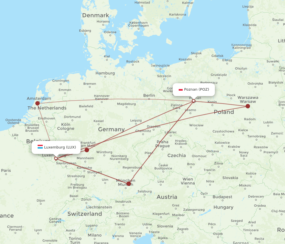 LUX to POZ flights and routes map