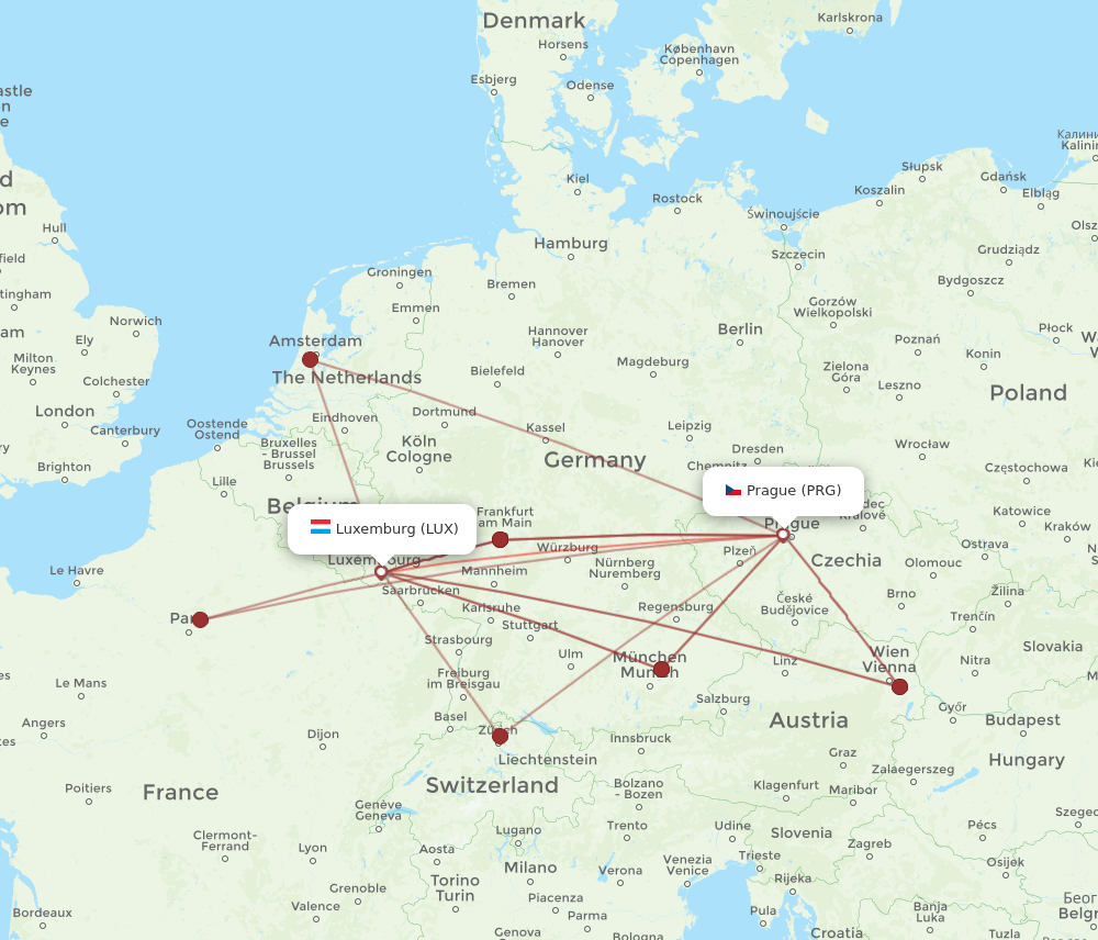 LUX to PRG flights and routes map