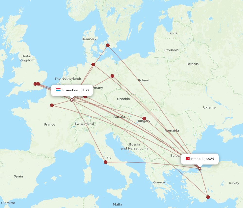 LUX to SAW flights and routes map