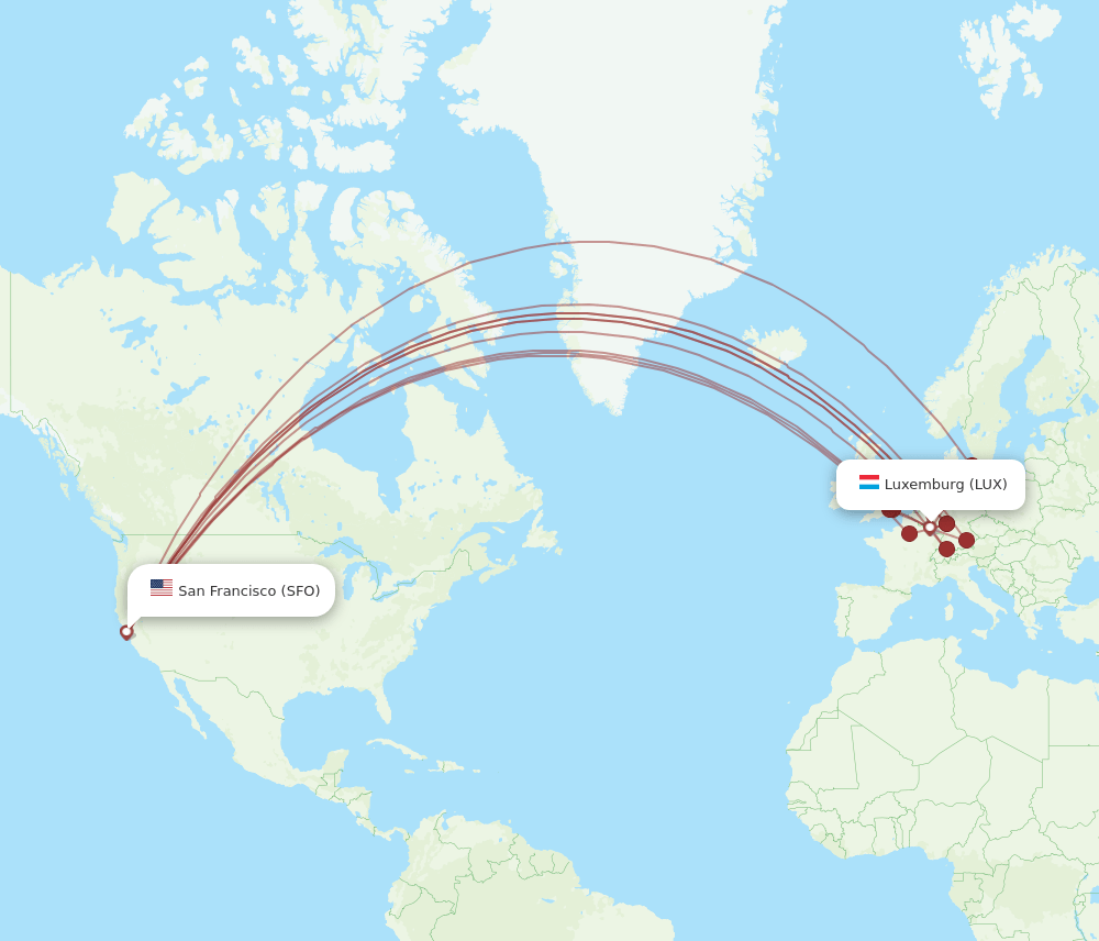 LUX to SFO flights and routes map