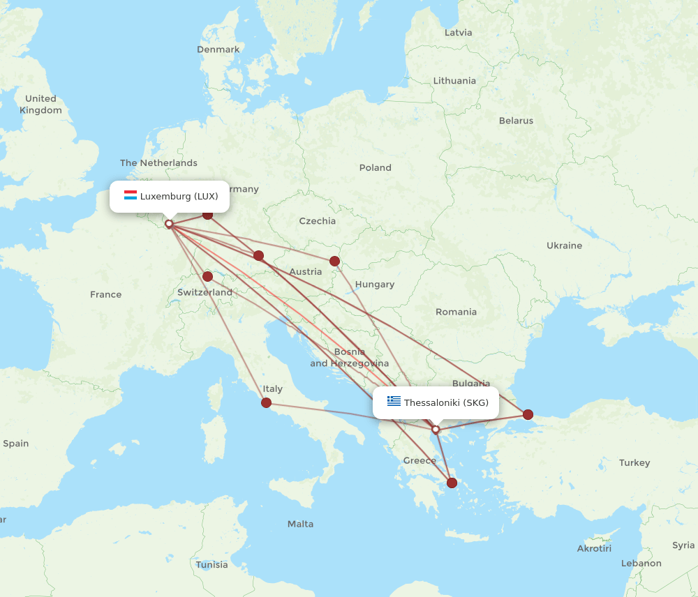 LUX to SKG flights and routes map