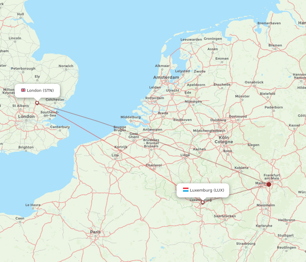 Luxembourg - London route map and flight paths