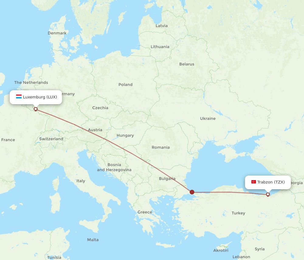 LUX to TZX flights and routes map