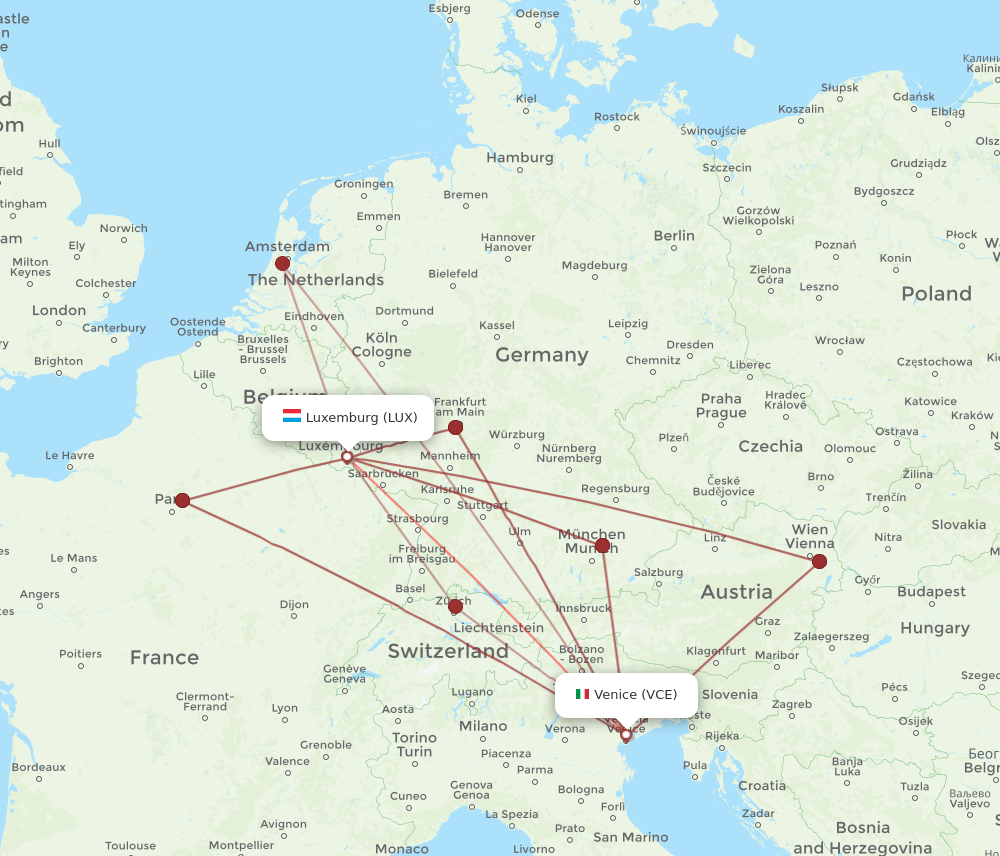 LUX to VCE flights and routes map