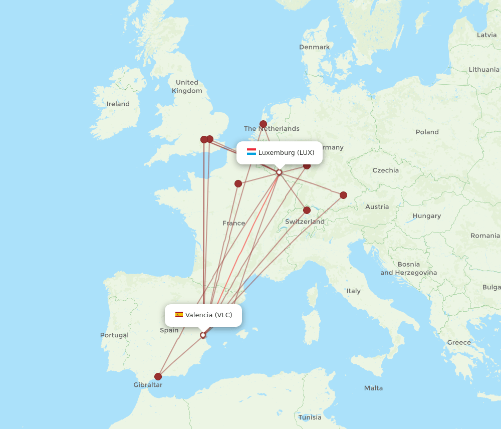 LUX to VLC flights and routes map