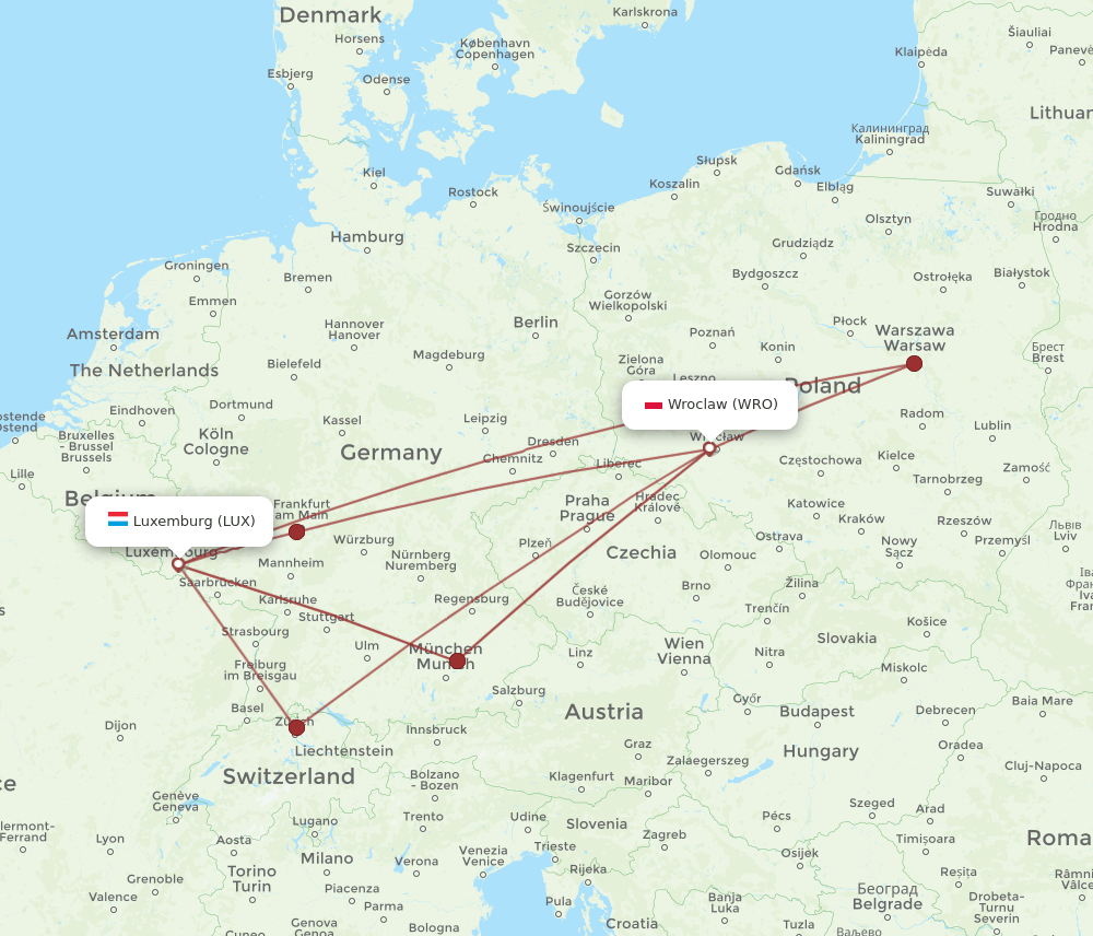LUX to WRO flights and routes map