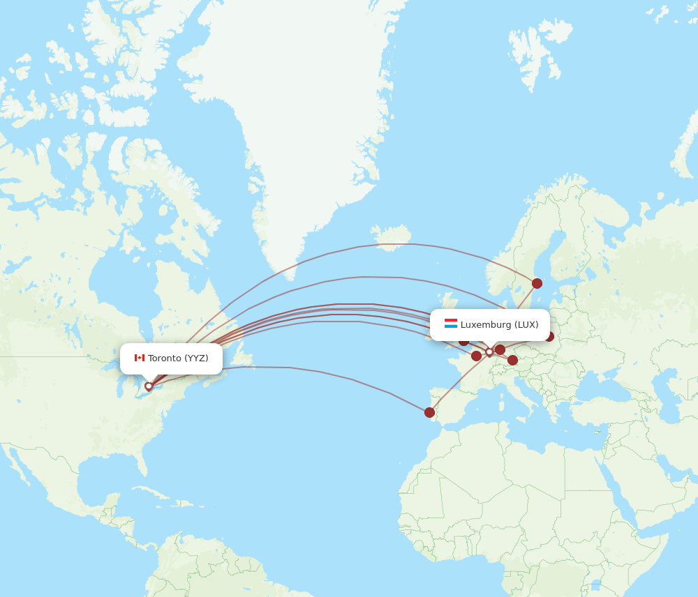 LUX to YYZ flights and routes map
