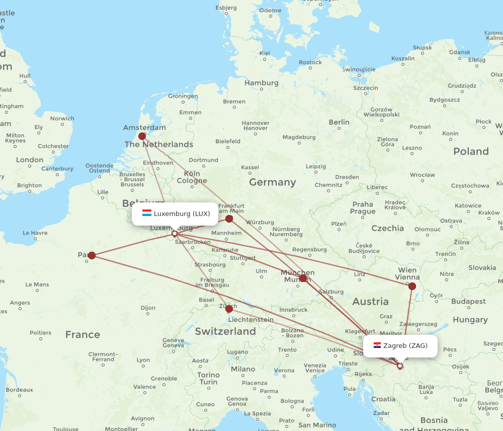 Zagreb - Luxembourg route map and flight paths
