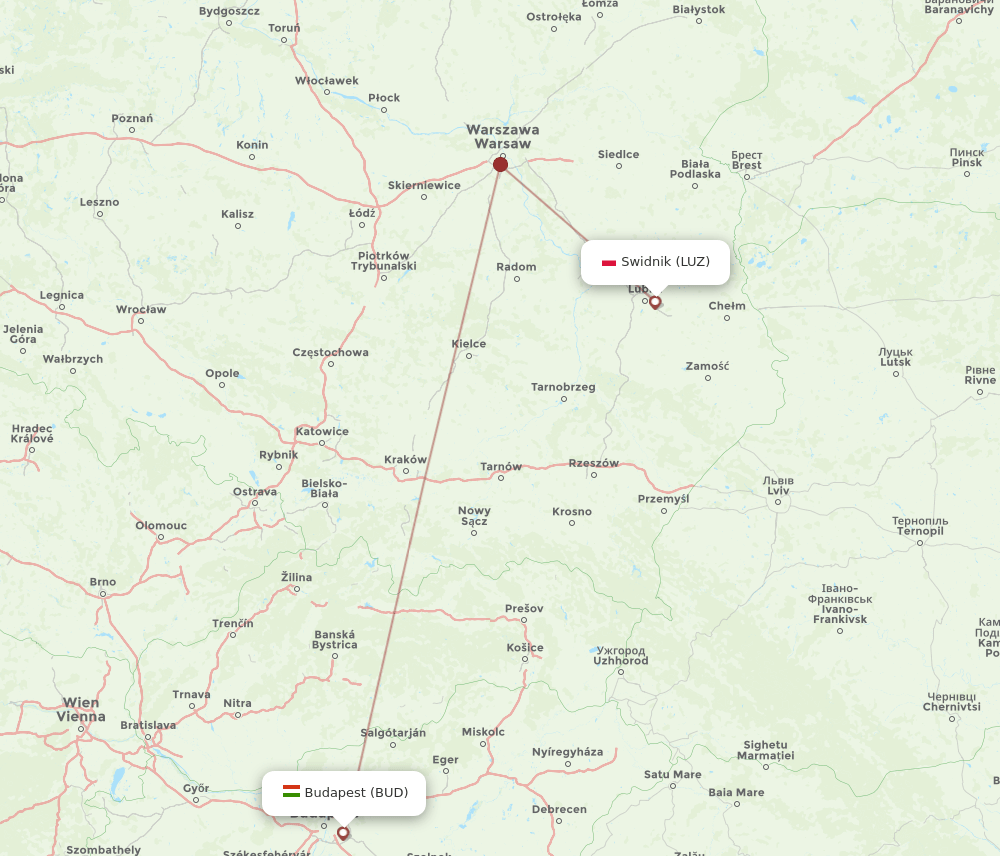 LUZ to BUD flights and routes map