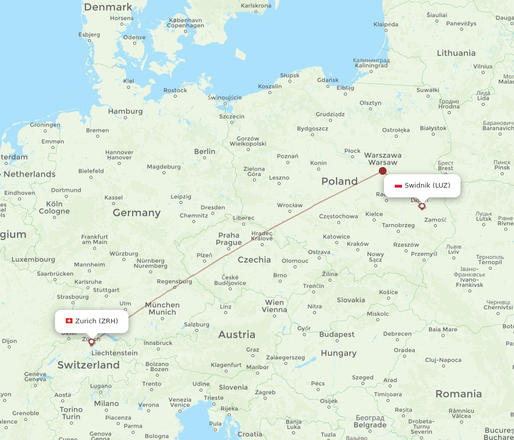 Zurich - Swidnik route map and flight paths