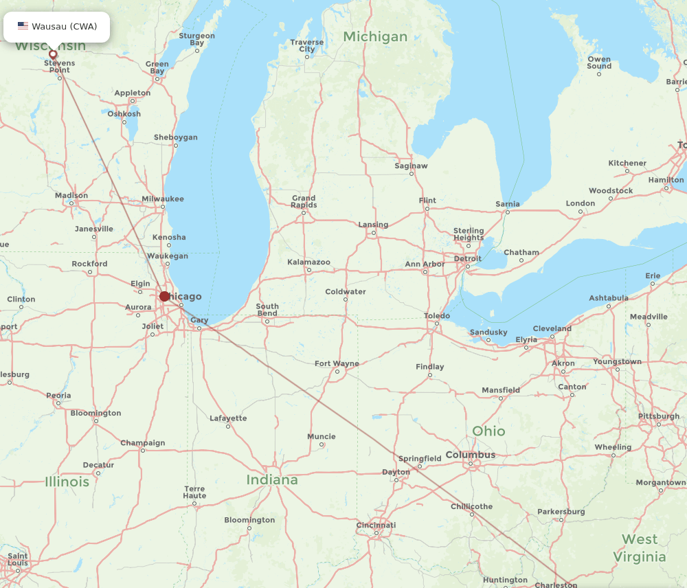 Wausau - Lewisburg route map and flight paths