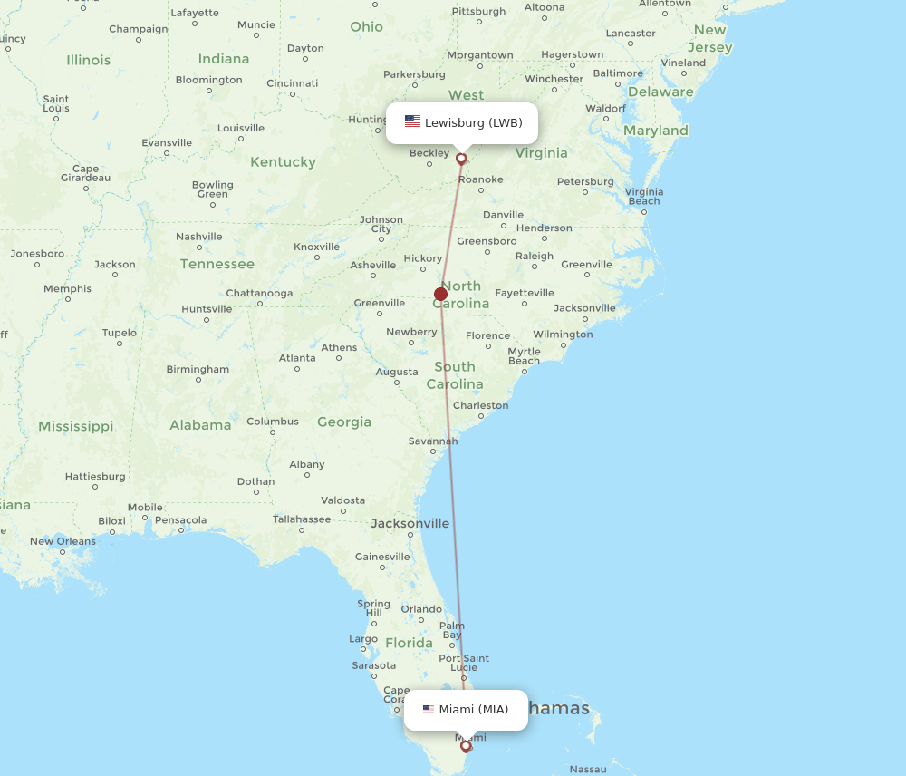 LWB-MIA flight routes